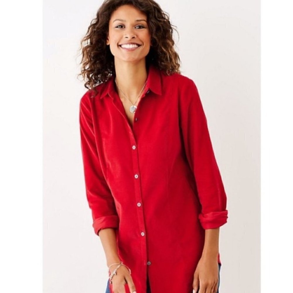 J. Jill Blouse Top Apple Red Maroon Cordury Button Down Oversized Large Tunic